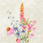 High-quality 33x33 cm napkins from Duni GmbH featuring a floret watercolor bouquet with pink lupines, daisies, purple blossoms, and green leaves on a beige patterned background. 3-ply. Pack of 50 pieces: Serv.33x33 Floret 3lg 1/4.