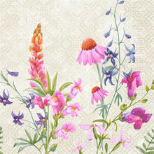 An illustration of pink, purple, and blue wildflowers with green leaves on a textured beige background adorns the Duni GmbH napkins 40x40 cm, 3-ply, Floret Design | Pack (250 pieces).