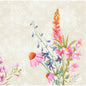 A watercolor illustration with pink coneflowers, blue blossoms, and tall pink lupines adorns a beige patterned background - perfect for Duni GmbH Dunisoft napkins 40x40cm.