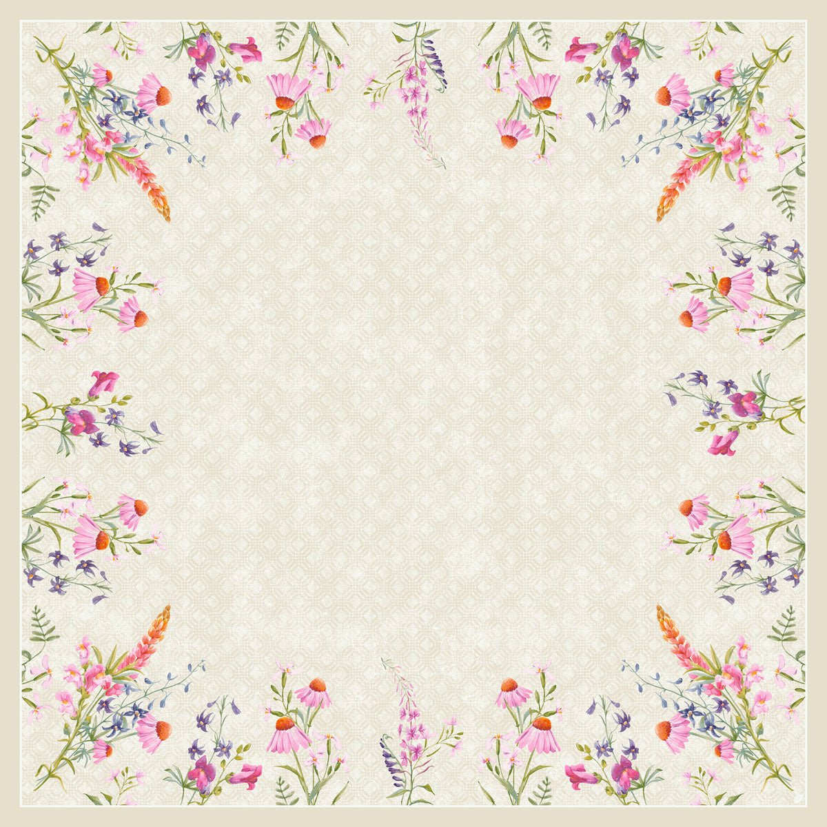 Square beige background, bordered by watercolor wildflowers in pink, purple, orange, and green. Ideal for displaying the Dunisilk MD Floret Tablecloth 84x84 cm by Duni GmbH - high-quality fabric, pack of 20 pieces.