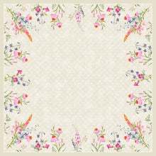 Square beige background, bordered by watercolor wildflowers in pink, purple, orange, and green. Ideal for displaying the Dunisilk MD Floret Tablecloth 84x84 cm by Duni GmbH - high-quality fabric, pack of 20 pieces.