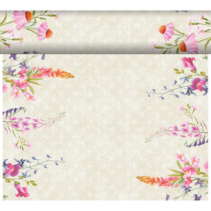 A cream-colored background with a geometric pattern and vibrant watercolor flowers at the corners reflects the fresh, weather-resistant charm of the DC-Tete a Tete 0.4x24m by Duni GmbH - ideal for stylish outdoor area design.