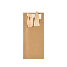 The Sacchetto napkin with wooden cutlery 190 x 85 mm EcoBrown/white from Duni GmbH is a pack of 50 eco-friendly sets, each in a brown bag with a wooden fork, knife, and white napkin, neatly arranged on a white background.