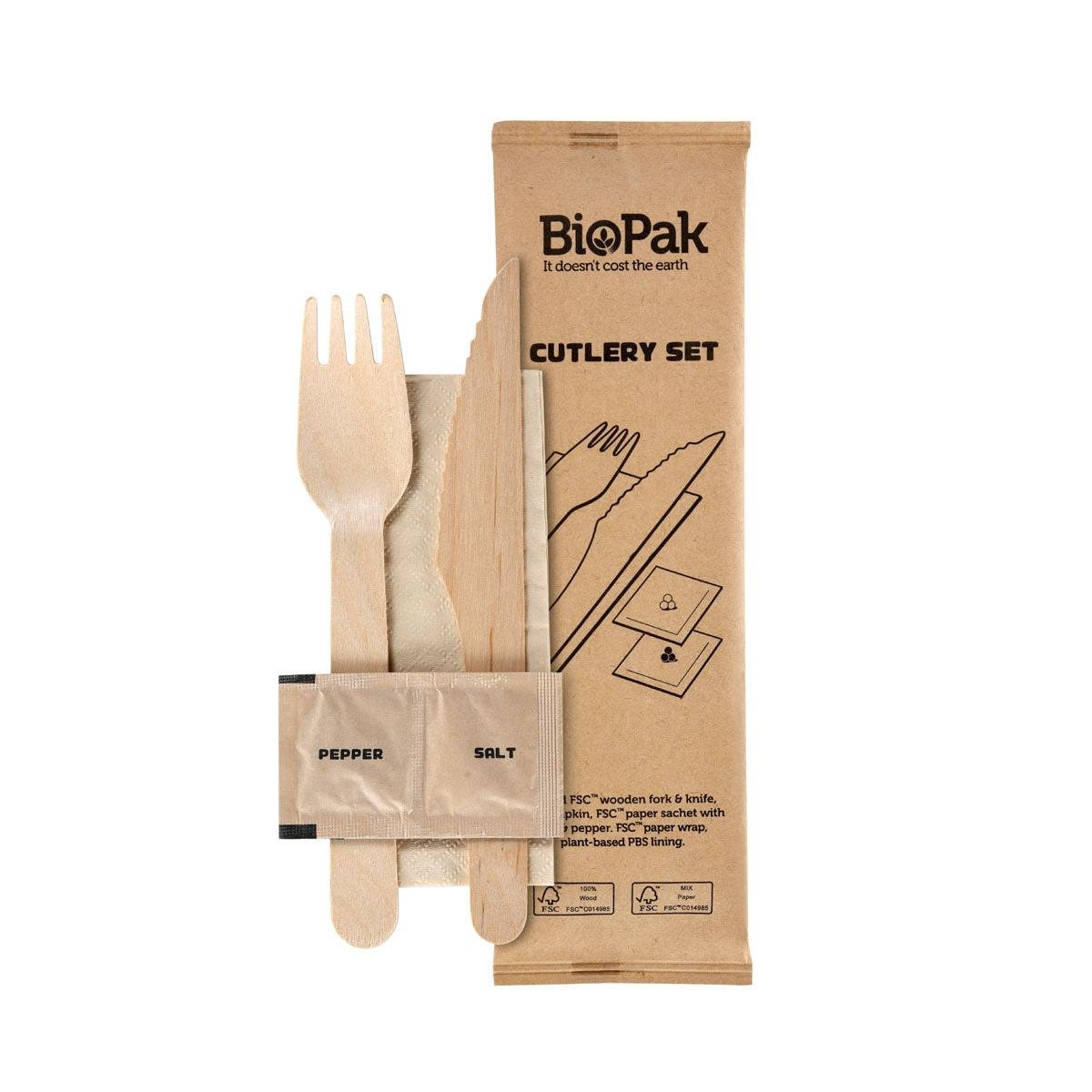 The 5/1 cutlery set from Duni GmbH consists of a naturally waxed wooden fork and knife, napkin, salt and pepper in a recyclable package - an environmentally friendly disposable cutlery solution. Each pack contains 250 sets.