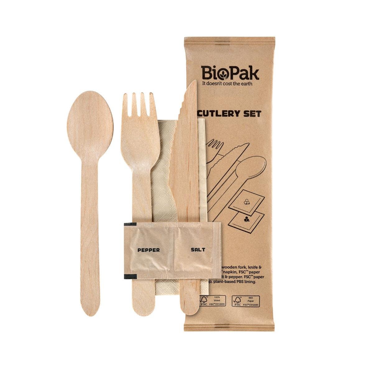 The 6/1 cutlery set from Duni GmbH includes a fork, knife, spoon, napkin, as well as salt and pepper sachets made from naturally waxed wood - the environmentally friendly disposable cutlery solution in a pack of 250 pieces.