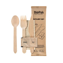 The 6/1 cutlery set from Duni GmbH includes a fork, knife, spoon, napkin, as well as salt and pepper sachets made from naturally waxed wood - the environmentally friendly disposable cutlery solution in a pack of 250 pieces.