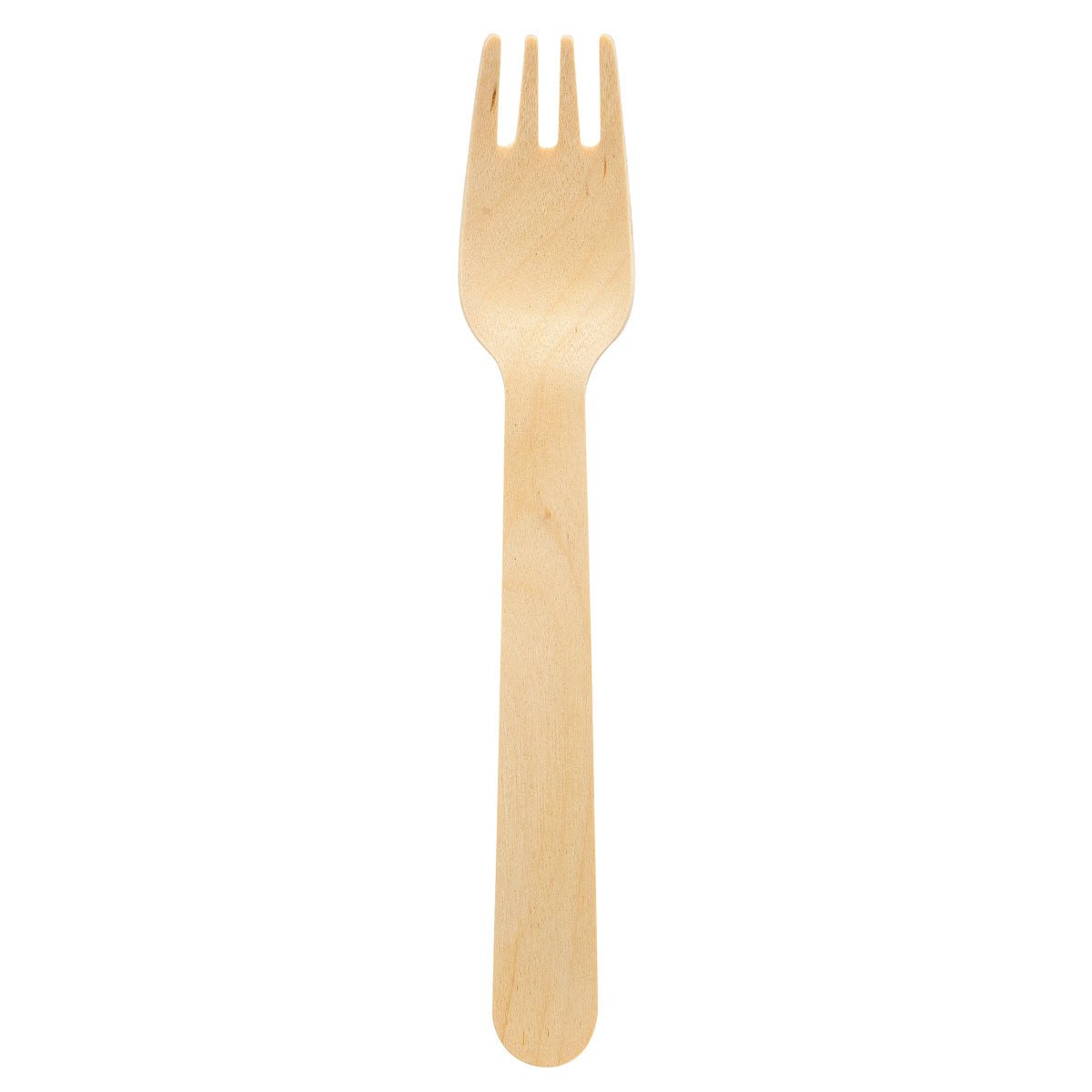 A Duni GmbH fork 160 mm, waxed wood, natural waxed 160 (100-piece package) with four prongs is depicted on a white background and emphasizes environmentally friendly cutlery.