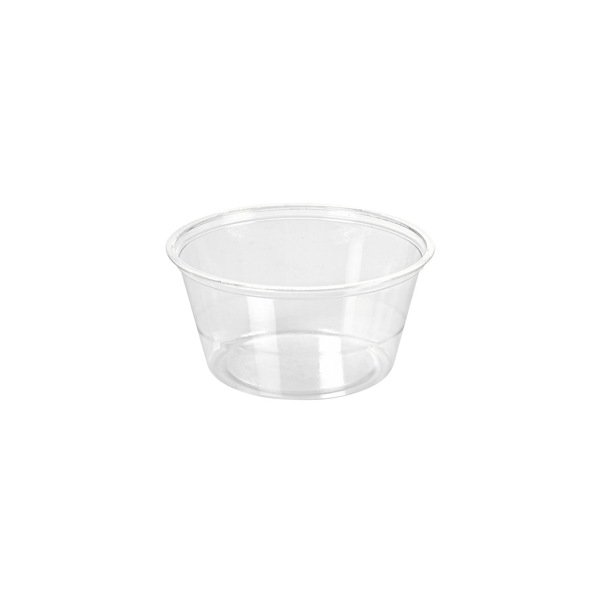 The dressing cup 100 ml from Duni GmbH made of transparent rPET with a wide opening and without a lid (74x74x35 mm) is depicted on a plain white background. Package size: 200 pieces.