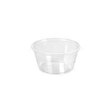 The dressing cup 100 ml from Duni GmbH made of transparent rPET with a wide opening and without a lid (74x74x35 mm) is depicted on a plain white background. Package size: 200 pieces.
