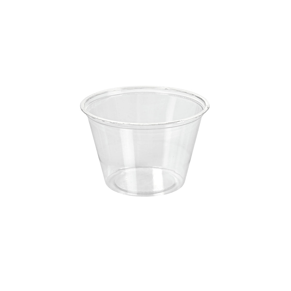 A transparent rPET dressing cup 120 ml from Duni GmbH (74x74x47 mm) with a wide opening and slightly tapered sides is depicted on a plain white background. Sold in packs of 200 pieces.