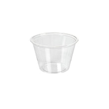 A transparent rPET dressing cup 120 ml from Duni GmbH (74x74x47 mm) with a wide opening and slightly tapered sides is depicted on a plain white background. Sold in packs of 200 pieces.