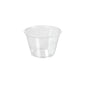 A transparent rPET dressing cup 120 ml from Duni GmbH (74x74x47 mm) with a wide opening and slightly tapered sides is depicted on a plain white background. Sold in packs of 200 pieces.