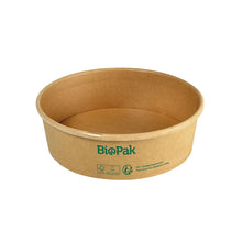 A round, brown, biodegradable Ronda WIDE carton/PLA bowl from Duni GmbH with green eco symbols sits on a white background.