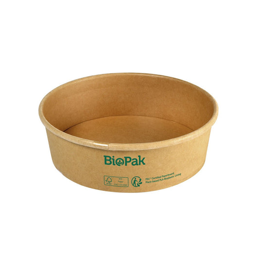 A round, brown, biodegradable Ronda WIDE carton/PLA bowl from Duni GmbH with green eco symbols sits on a white background.
