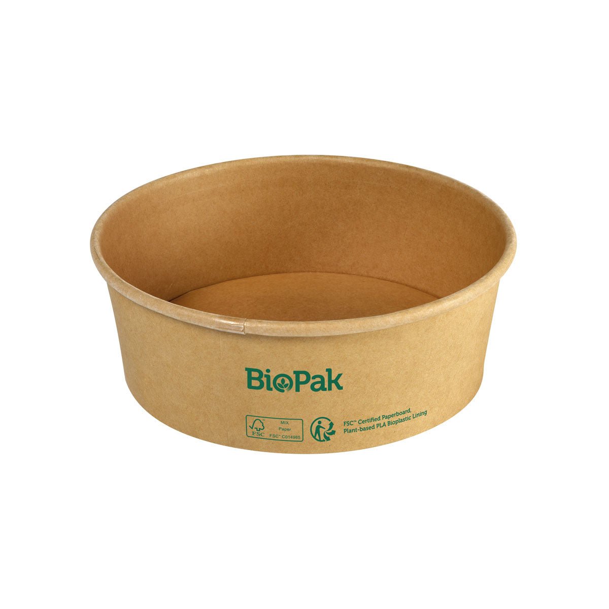 A brown, round Ronda WIDE carton/PLA bowl from Duni GmbH with a green BioPak logo and certification symbols on the outside, depicted against a white background.