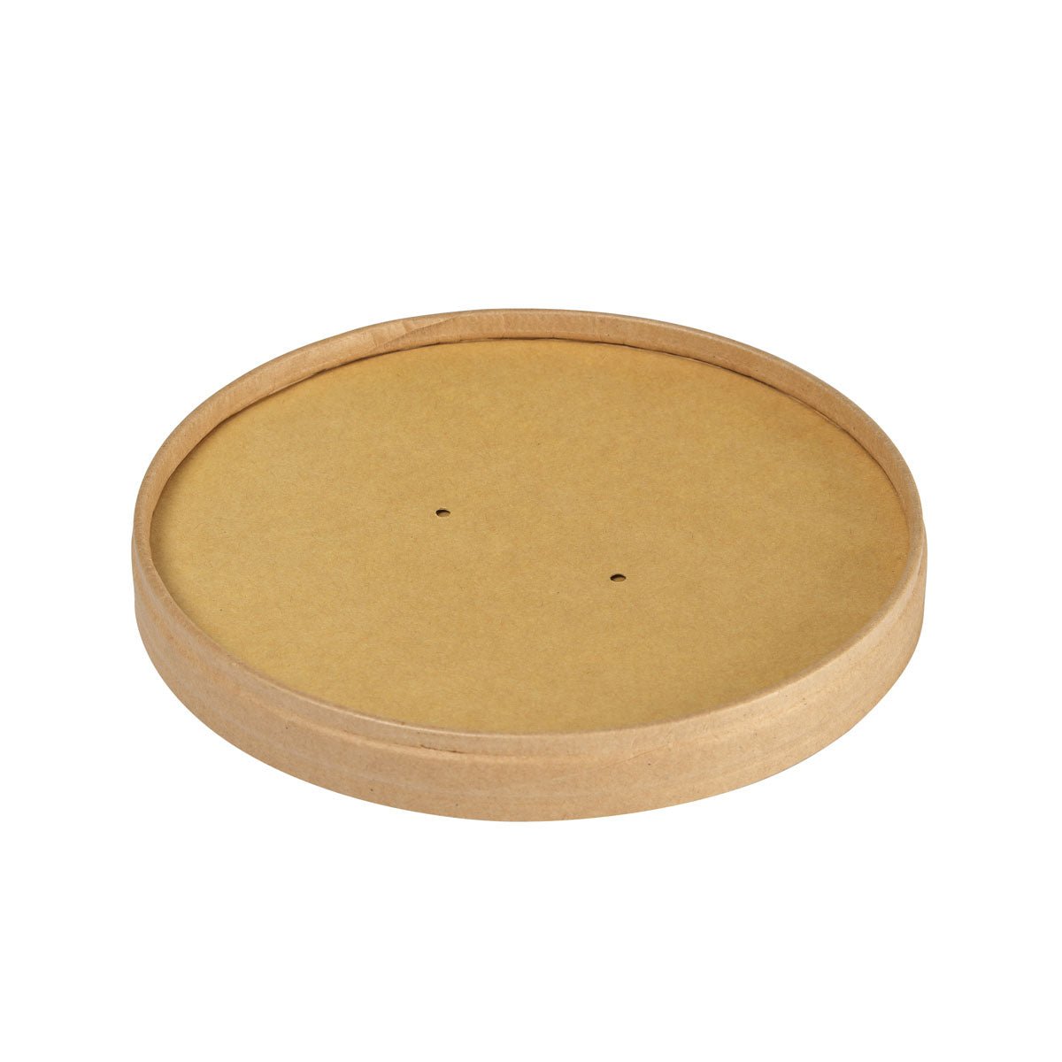 A round, flat, brown lid carton Ronda WIDE by Duni GmbH (FSC/PLA, 500/700ml, 150x150x17mm) - ideal for sustainable packaging. Package contains 50 pieces. Pictured on a white background with two middle holes.