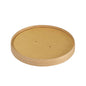 A round, flat, brown lid carton Ronda WIDE by Duni GmbH (FSC/PLA, 500/700ml, 150x150x17mm) - ideal for sustainable packaging. Package contains 50 pieces. Pictured on a white background with two middle holes.