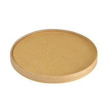 An eco-friendly lid cardboard Ronda WIDE+ from Duni GmbH made of brown FSC/PLA cardboard (184x184x17 mm, 900/1300 ml) with slightly raised edges and two small holes lies on a white background. Pack of 25 pieces.