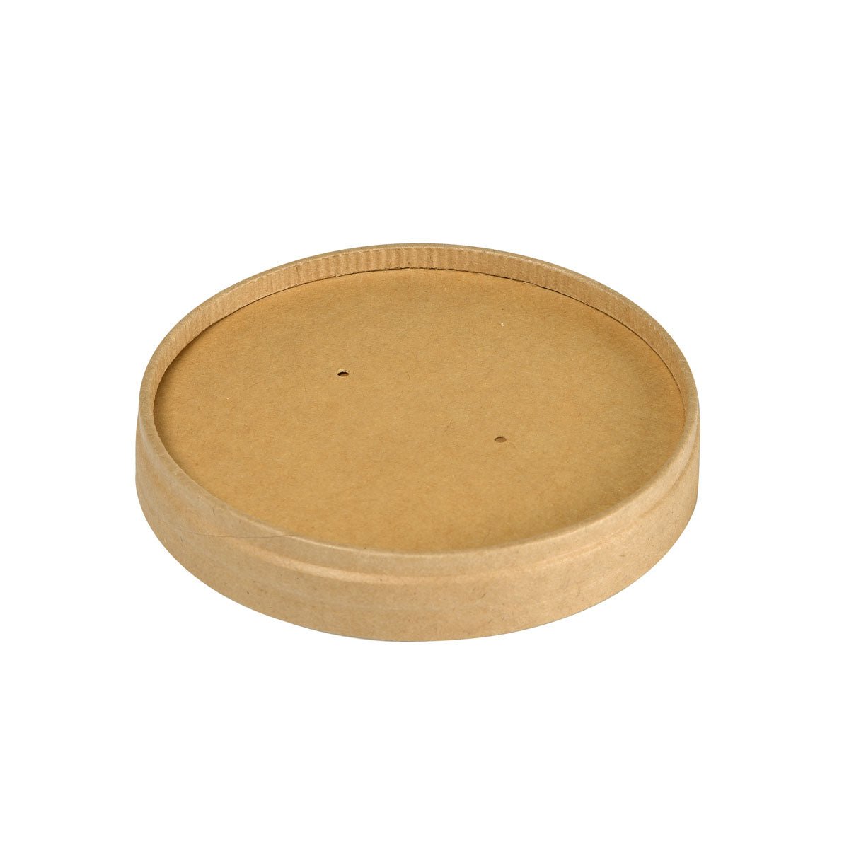 A round, brown FSC/PLA cardboard lid (90x90x16 mm) with a slight rim and two holes, designed by Duni GmbH, suitable for the Ronda SHORT cup 240/360 ml. Package: 25 pieces.