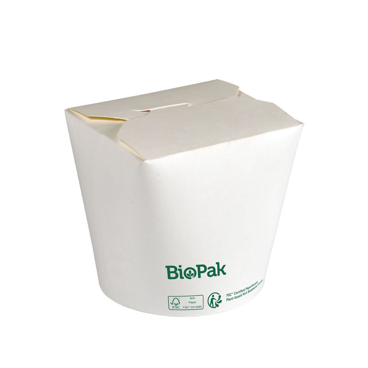 A white Bowl Ronda ASIA Cardboard/PLA 750 ml from Duni GmbH, here with a closed lid, is adorned with green eco-symbols and "biodegradable" on the side to emphasize its eco-friendly design.