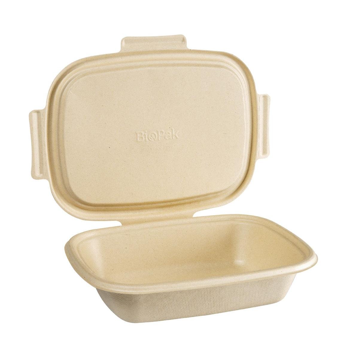 A brown, rectangular Duni GmbH Bagasse Box Shield 1200 ml (426x304x57 mm), compostable with hinged lid, shown open and empty. Environmentally friendly disposable packaging, biodegradable. The package contains 50 pieces.
