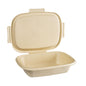 A brown, rectangular Duni GmbH Bagasse Box Shield 1200 ml (426x304x57 mm), compostable with hinged lid, shown open and empty. Environmentally friendly disposable packaging, biodegradable. The package contains 50 pieces.