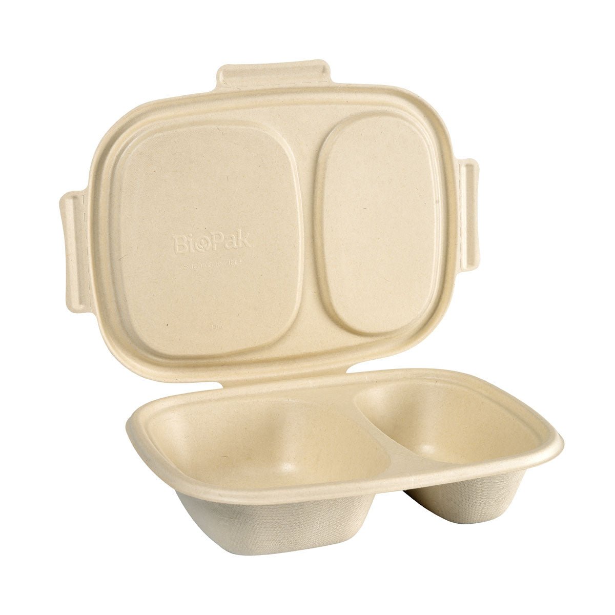 The Duni GmbH Bagasse Box Shield 2-compartment 600/300 ml, made of brown bagasse, rectangular with two compartments and matching hinged lid (426x304x56mm), environmentally friendly packaging, is displayed upright and open. Pack of 50 pieces.