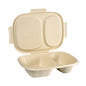 The Duni GmbH Bagasse Box Shield 2-compartment 600/300 ml, made of brown bagasse, rectangular with two compartments and matching hinged lid (426x304x56mm), environmentally friendly packaging, is displayed upright and open. Pack of 50 pieces.