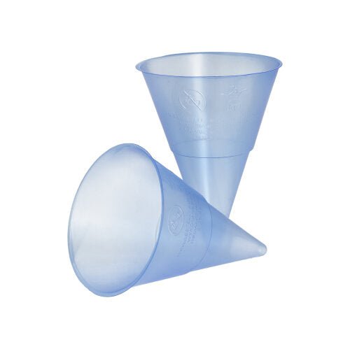 Two translucent blue Starpak 1000 cone cups PP funnel (115 ml, Ø 7.03 cm, 9.5 cm) stand on a white background – one upright, one lying – showing their conical shape. Pack of 1000 pieces from Starpak.