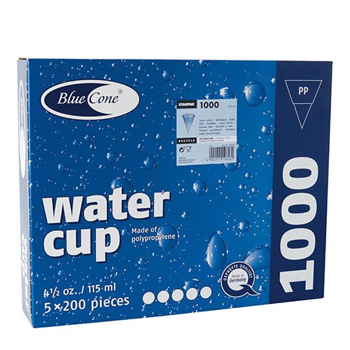 A blue and white 'Blue Cone' box from Starpak contains 1000 cone cups PP cups (115 ml, Ø 7.03 cm, 9.5 cm), packed in 5 sets of 200 pieces each. The packaging features water droplets and product details.