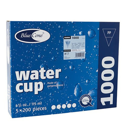 A blue and white 'Blue Cone' box from Starpak contains 1000 cone cups PP cups (115 ml, Ø 7.03 cm, 9.5 cm), packed in 5 sets of 200 pieces each. The packaging features water droplets and product details.