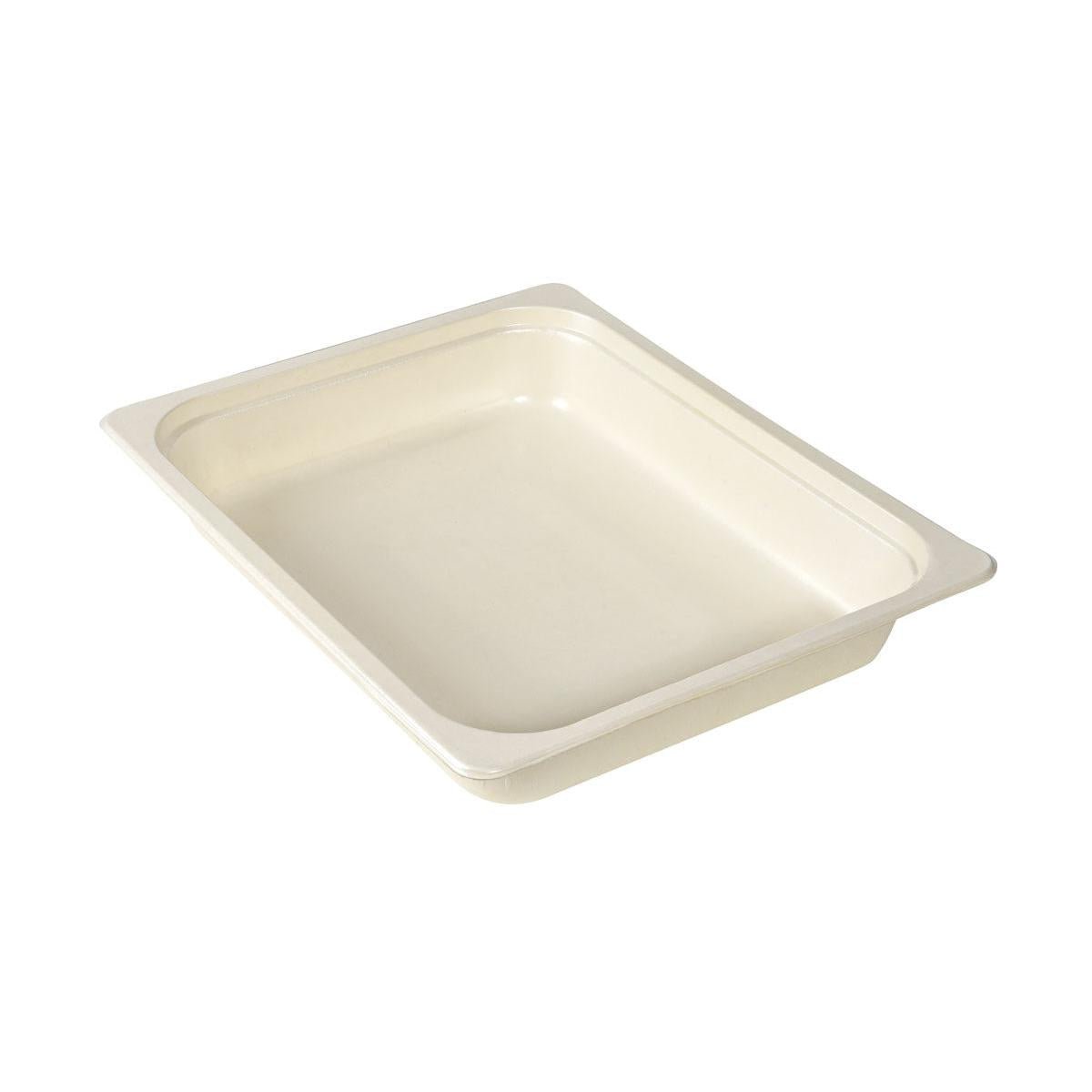 A beige Duni GmbH Fibretray 1/2 GN Natural Wood Fiber Tray (325x265x52 mm), rectangular with rounded corners and slightly raised edges, photographed on white - ideal as sustainable packaging. Pack: 140 pieces.