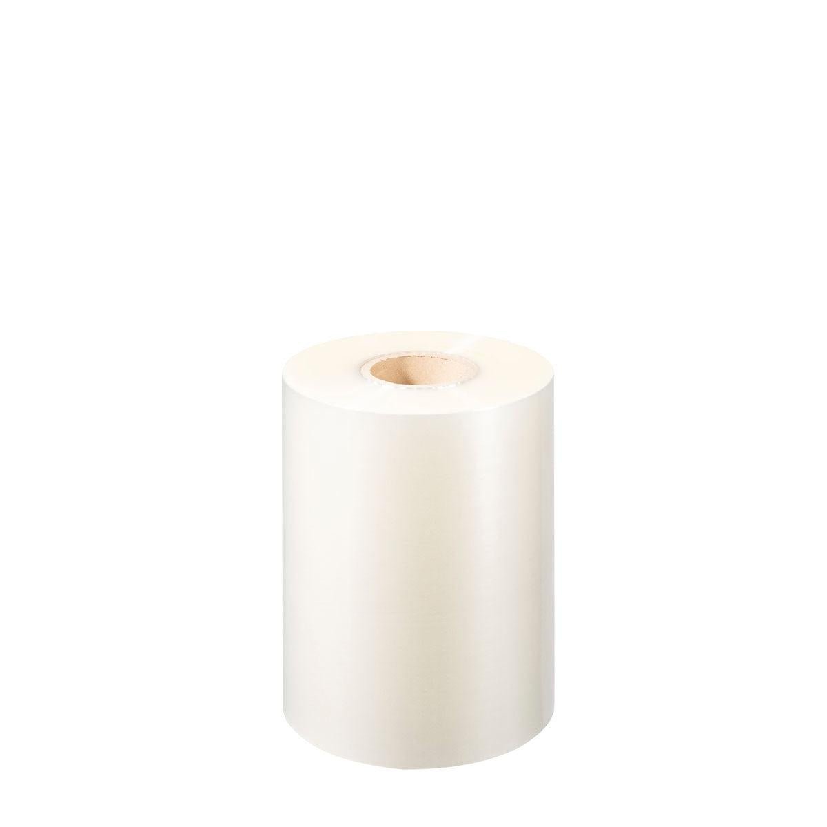 A large roll of Bio Film Transparent Cellulose | Package (1 piece) from Duni GmbH with a cardboard core stands upright on a white background. This eco-friendly cellulose film provides a clear, sustainable alternative to plastic.
