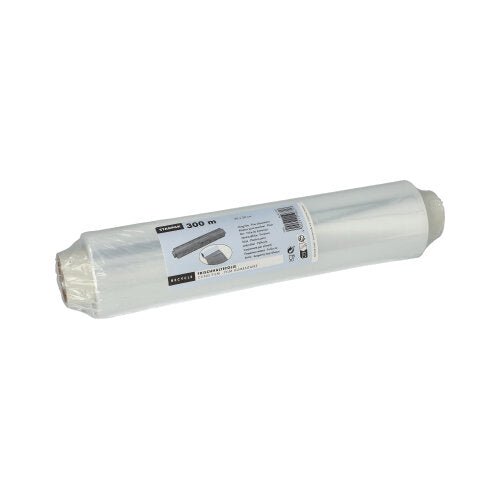 The Starpak perforated cling film is a transparent, 300-meter-long cling film from Starpak, tightly rolled and equipped with a white label with product details. It is partially delivered in a clear packaging, ideal for food storage.