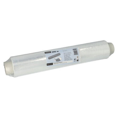 A roll of Starpak perforated cling film with a white label featuring product details and a barcode. Perfect for food storage, the unused roll stands in front of a plain white background.