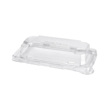 The Duni GmbH rPET lid Sushi slim short, transparent and rectangular (176x103x33 mm), is shown against a white background. Made from recycled PET, this lid with raised edges fits perfectly with the sushi packaging. Package: 50 pieces.
