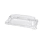 The Duni GmbH rPET lid Sushi slim short, transparent and rectangular (176x103x33 mm), is shown against a white background. Made from recycled PET, this lid with raised edges fits perfectly with the sushi packaging. Package: 50 pieces.