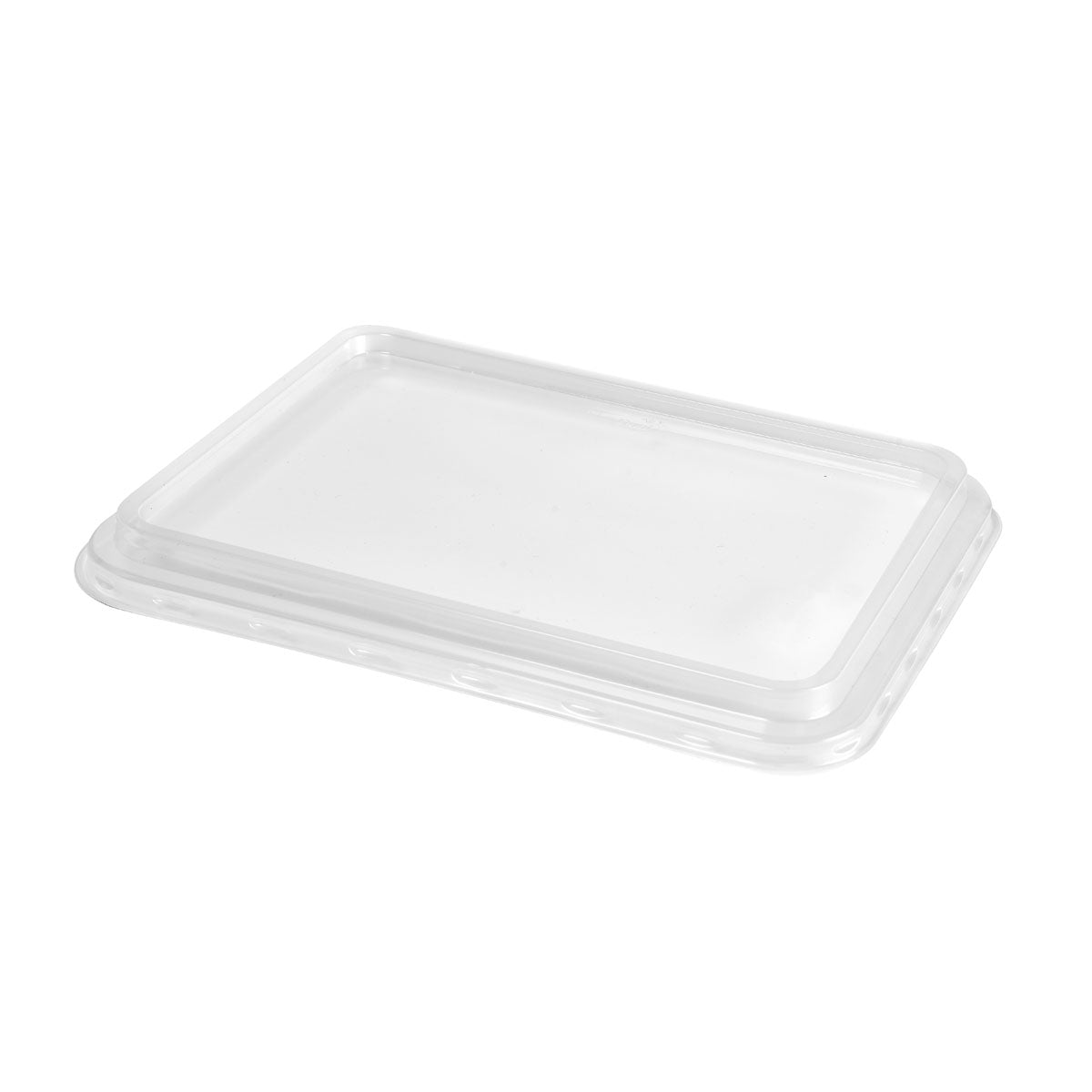 Pictured is a transparent, rectangular PP lid (225x175x17 mm) from Duni GmbH for plastic food containers on a white background. The lid has slightly raised edges and a smooth surface. Package: 210 pieces.