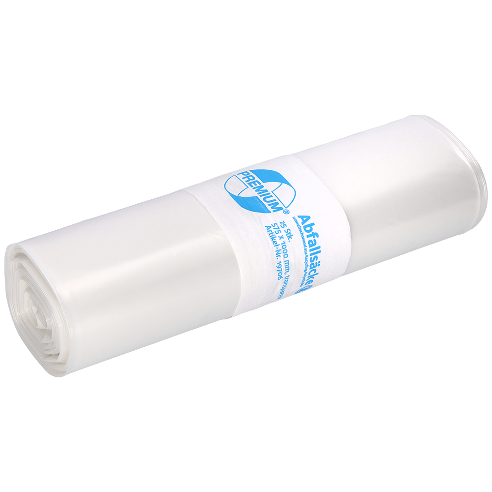 Depicted is a white roll of EMIL DEISS KG (GmbH + Co.) DEISS trash bags 575x1000x0.06 mm made of recycled LDPE 70 l with a blue and white label on a white background. These bags are ideal for daily waste disposal.