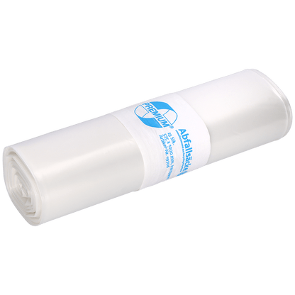 Depicted is a white roll of EMIL DEISS KG (GmbH + Co.) DEISS trash bags 575x1000x0.06 mm made of recycled LDPE 70 l with a blue and white label on a white background. These bags are ideal for daily waste disposal.