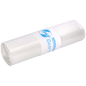 Depicted is a white roll of EMIL DEISS KG (GmbH + Co.) DEISS trash bags 575x1000x0.06 mm made of recycled LDPE 70 l with a blue and white label on a white background. These bags are ideal for daily waste disposal.