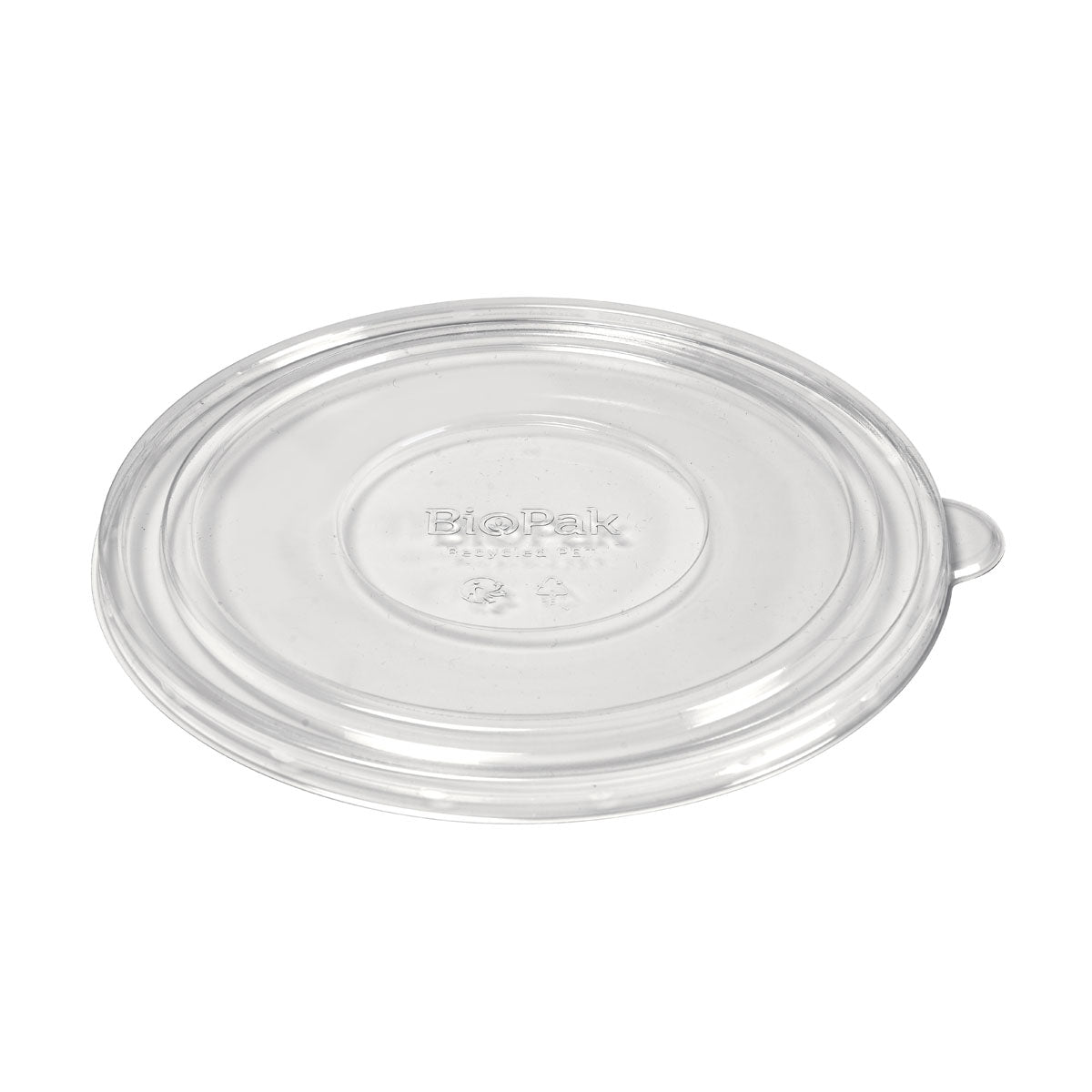 The lid carton Ronda WIDE+ rPET Transparent 900/1300 ml from Duni GmbH is a clear, round rPET lid with a small tab and "BioPak" embossing, designed for disposable food packaging. Dimensions: 200x190x10 mm. Pack of 50 pieces.