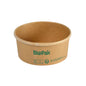 The simple brown Ronda SLIM cardboard/PLA bowl by Duni GmbH is adorned with a green logo and eco-friendly symbols that emphasize its biodegradable design, photographed against a white background.