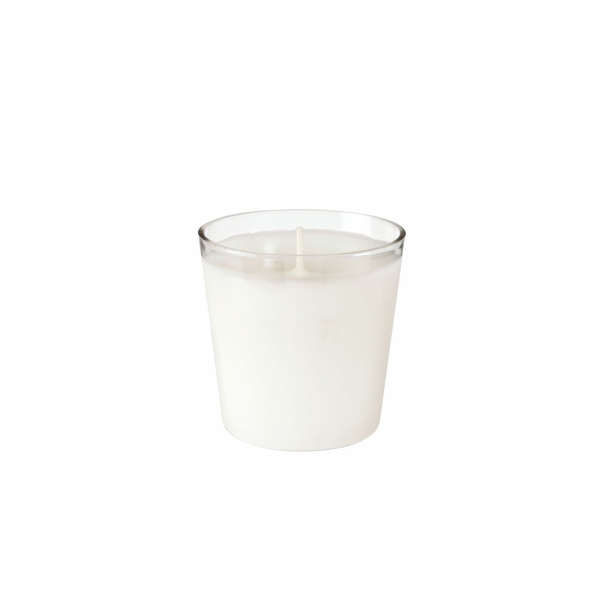 The Duni GmbH Switch&Shine refill unit, set of 6, white - High-quality cleaning - shows a white candle in a clear glass holder with an unburned wick. Environmentally friendly, long-lasting fragrance, ideal as a refill for any room. The package contains 6 pieces.