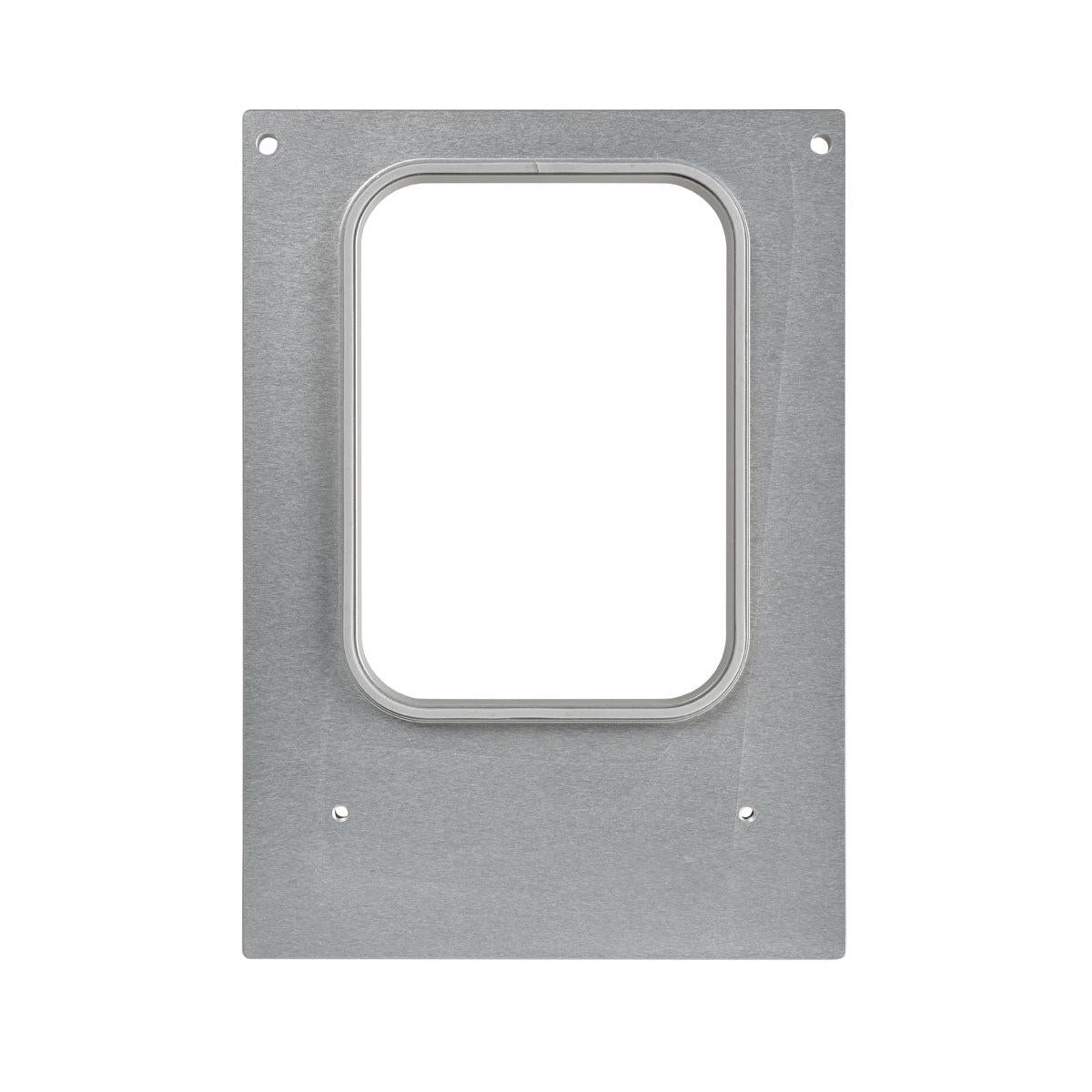 A rectangular metal plate with a central, rounded-rectangular cutout and four corner screw holes, resembling parts of the Duni GmbH cassette DF10/20 for Forum Bowl 785 ml (package, 1 piece), photographed on a white background.