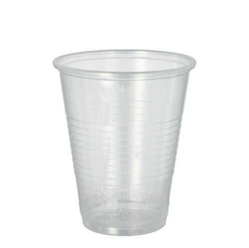 A transparent Starpak 20 drinking cup (PP, 0.3l, Ø 9.5 cm · 11.1 cm) with a flared foam rim and horizontal grip grooves is depicted on a plain white background. Delivered in a pack of 20 with shrink wrap.