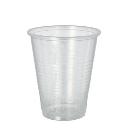 A transparent Starpak 20 drinking cup (PP, 0.3l, Ø 9.5 cm · 11.1 cm) with a flared foam rim and horizontal grip grooves is depicted on a plain white background. Delivered in a pack of 20 with shrink wrap.
