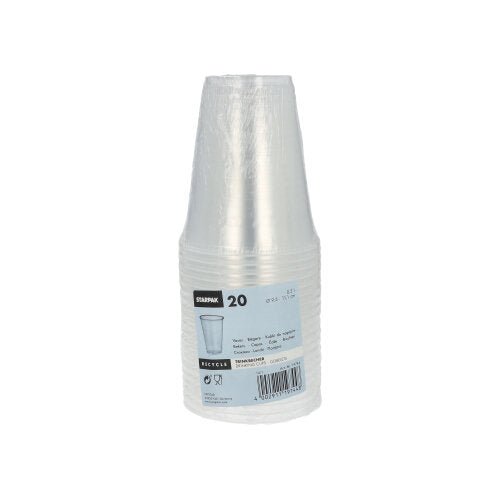 A stack of 20 transparent Starpak polypropylene drinking cups (0.3 l, Ø 9.5 cm, 11.1 cm) with a foam rim is wrapped in shrink wrap and features the brand name Starpak, a cup image, product information, foam rim details, and a barcode.