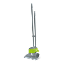 The Nölle Profi Brush Long Handle Sweeping Set (80 cm) in Silver/Green features bright green synthetic bristles and stands upright, with the broom handle attachable to the dustpan for compact storage - ideal for easy cleaning.