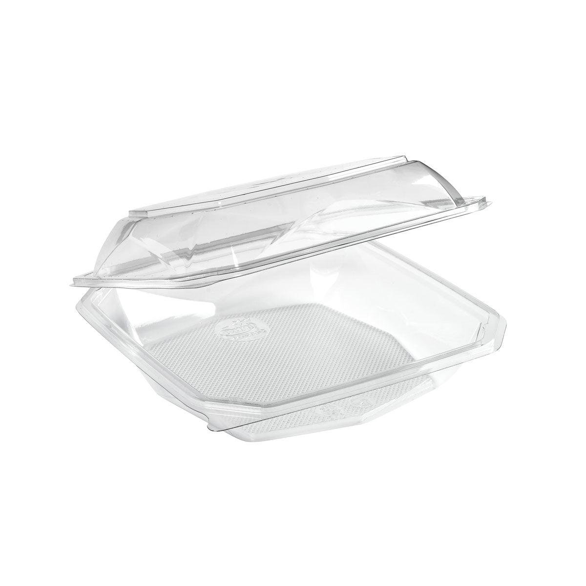 A Duni GmbH rPET Octaview® M Transparent rPET 185x185x70 food container with an open lid, pack (255 pieces), is depicted on a plain white background.
